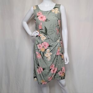 Green & Pink Botanical Floral Sleeveless Tank Midi Dress Wrap Front Style